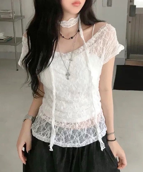 SHEENA(シーナ)の「ストール付きワイドネックレースシアートップス(Tシャツ/カットソー・レディース・ホワイト・M)」の5枚目の写真