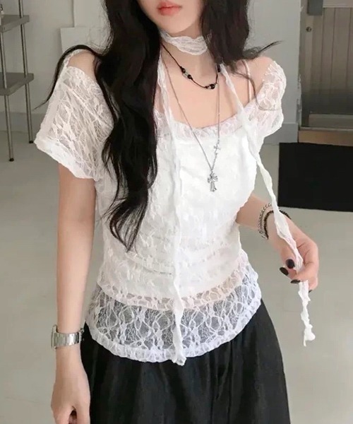 SHEENA(シーナ)の「ストール付きワイドネックレースシアートップス(Tシャツ/カットソー・レディース・ホワイト・M)」の4枚目の写真