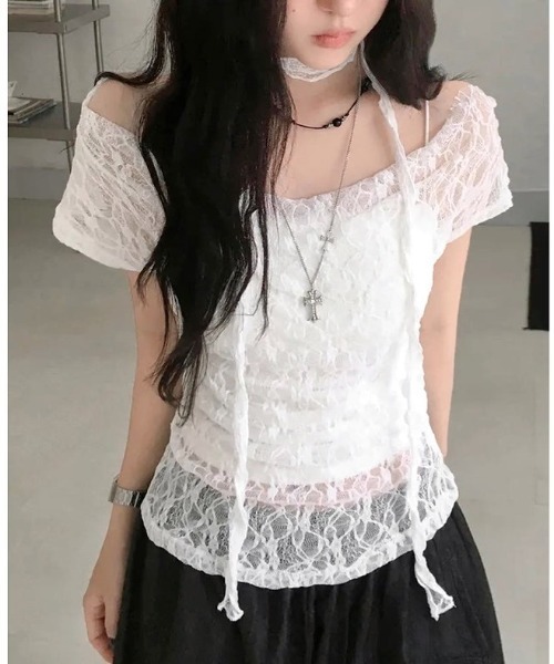 SHEENA(シーナ)の「ストール付きワイドネックレースシアートップス(Tシャツ/カットソー・レディース・ホワイト・M)」の3枚目の写真