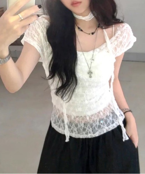 SHEENA(シーナ)の「ストール付きワイドネックレースシアートップス(Tシャツ/カットソー・レディース・ホワイト・M)」の2枚目の写真