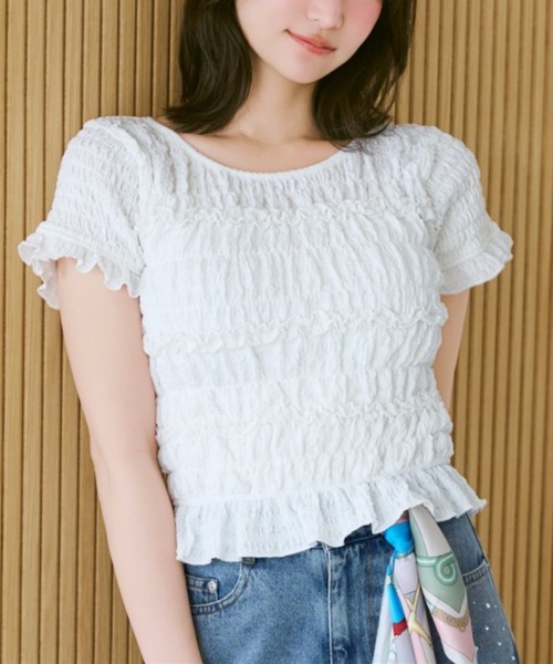 WILLSELECTION(ウィルセレクション)の「シャーリングフリルトップス(Tシャツ/カットソー・レディース・オフホワイト/ピンク/ブラック・FREE)」の1枚目の写真