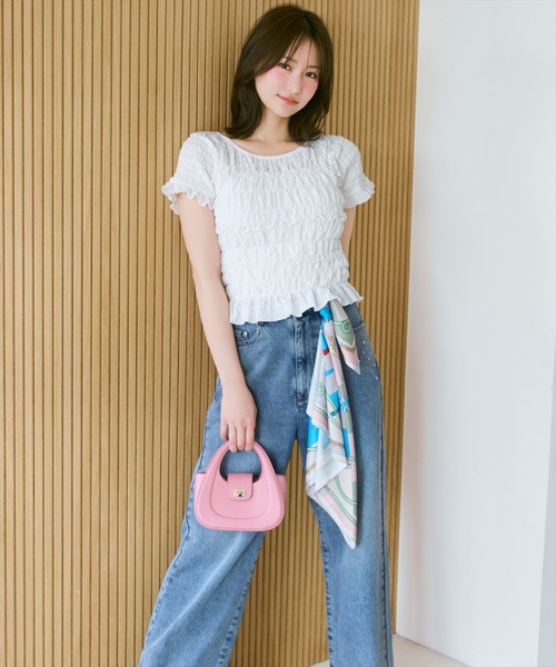 WILLSELECTION(ウィルセレクション)の「シャーリングフリルトップス(Tシャツ/カットソー・レディース・オフホワイト/ピンク/ブラック・FREE)」の7枚目の写真