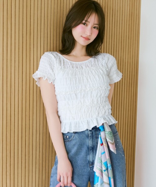 WILLSELECTION(ウィルセレクション)の「シャーリングフリルトップス(Tシャツ/カットソー・レディース・オフホワイト/ピンク/ブラック・FREE)」の4枚目の写真