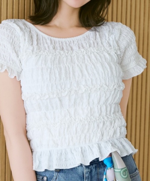 WILLSELECTION(ウィルセレクション)の「シャーリングフリルトップス(Tシャツ/カットソー・レディース・オフホワイト/ピンク/ブラック・FREE)」の8枚目の写真