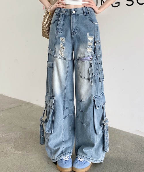 リボン付き ワイド デニムパンツ（デニムパンツ）｜AMAJI（アマジ）の