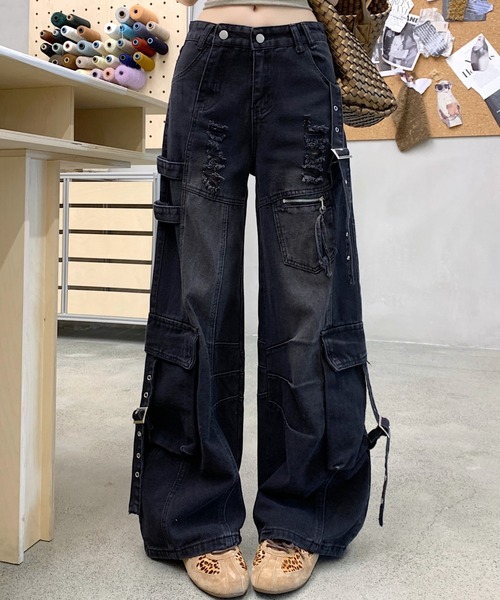 リボン付き ワイド デニムパンツ（デニムパンツ）｜AMAJI（アマジ）の