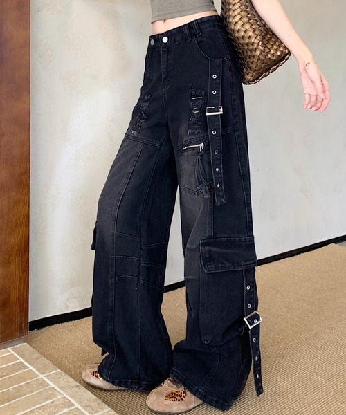 リボン付き ワイド デニムパンツ（デニムパンツ）｜AMAJI（アマジ）の