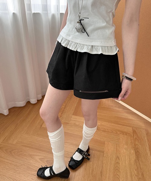 Miniministore(ミニミニストア)の「梯子レースショートパンツハーフパンツ夏服(デニムパンツ・レディース・ベージュ/ブラック/ライトブルー/ホワイト・FREE)」の9枚目の写真