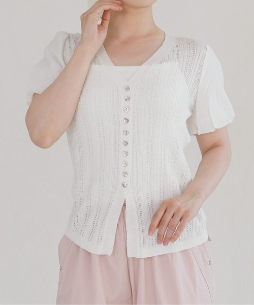 MISCH MASCH(ミッシュマッシュ)の「2026春夏新作 異素材パフスリーブニット(カーディガン/ボレロ・レディース・ベージュ/ホワイト・フリ-)」の12枚目の写真