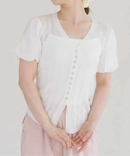 MISCH MASCH(ミッシュマッシュ)の「2026春夏新作 異素材パフスリーブニット(カーディガン/ボレロ・レディース・ベージュ/ホワイト・フリ-)」の13枚目の写真