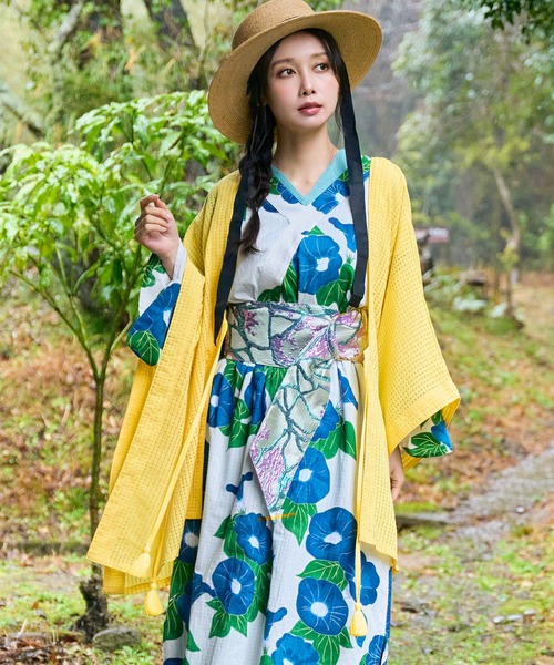 倭物やカヤ(ワモノヤカヤ)の「【倭物やカヤ】透かし風羽織(カーディガン/ボレロ・レディース・スミクロ/ブルー/イエロー/ホワイト・FREE)」の1枚目の写真