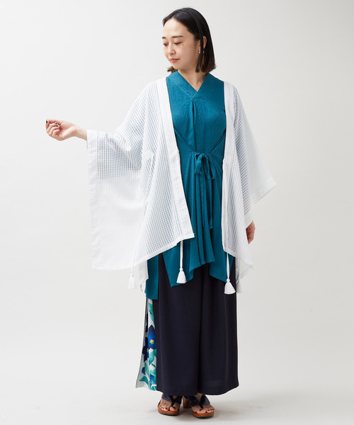 倭物やカヤ(ワモノヤカヤ)の「【倭物やカヤ】透かし風羽織(カーディガン/ボレロ・レディース・スミクロ/ブルー/イエロー/ホワイト・FREE)」の16枚目の写真