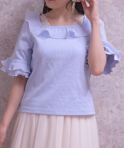 axes femme（アクシーズファム）の「プリーツフリルバイカラープルオーバー（Tシャツ/カットソー・レディース・ホワイト/ブラック/サックスブルー・FREE）」の4枚目の写真