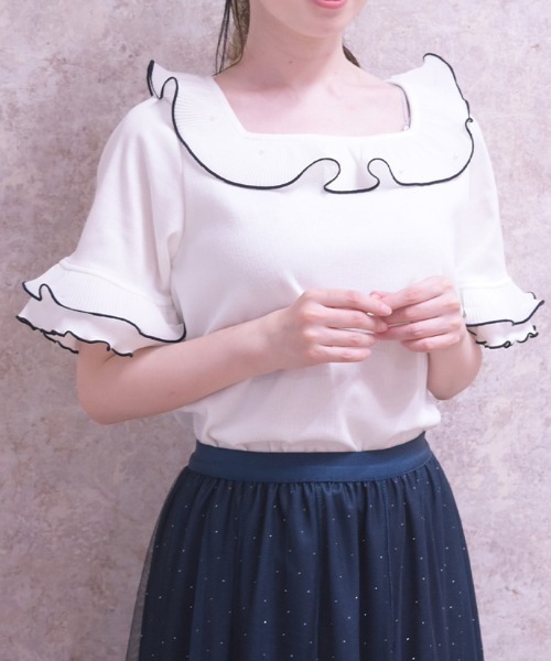 axes femme（アクシーズファム）の「プリーツフリルバイカラープルオーバー（Tシャツ/カットソー・レディース・ホワイト/ブラック/サックスブルー・FREE）」の8枚目の写真