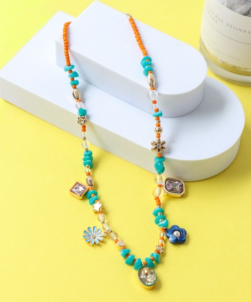 Three Four Time(スリーフォータイム)の「ビジュチャームネックレス(ネックレス・レディース・ピンク/グリーン・FREE)」の1枚目の写真