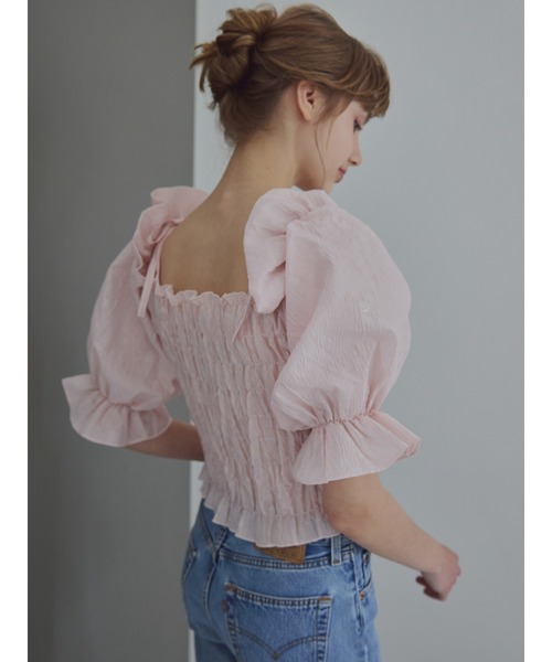 etre loin(エトルワン)の「Sheer jacquard off shoulder blouse / シアージャガードオフショルブラウス(シャツ/ブラウス・レディース・ピンク/ホワイト/ネイビー・M)」の3枚目の写真
