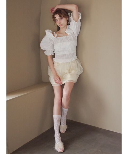 etre loin(エトルワン)の「Sheer jacquard off shoulder blouse / シアージャガードオフショルブラウス(シャツ/ブラウス・レディース・ピンク/ホワイト/ネイビー・M)」の8枚目の写真