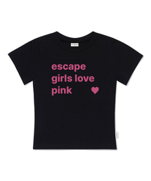 イースケープガール ラブピンクプリント スリムフィット 半袖Tシャツ ブラック