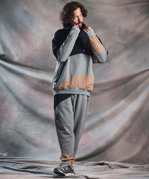 ANGENEHM(アンゲネーム)の「mp15295-Cardboard Knit Jacquard-Blocked Joggers ジョガーパンツ(AG07-020acg)(スウェットパンツ・メンズ・ブラック/ミックスグレー・M/L/S)」の19枚目の写真