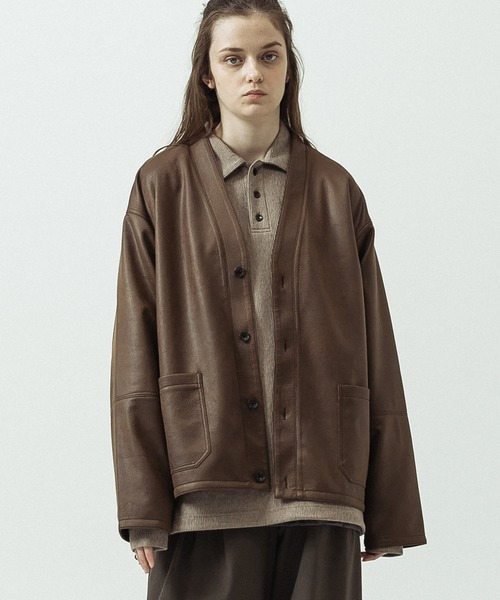 SLICK(スリック)の「【SLICK/スリック】Double Cloth Synthetic Leather Cardigan/ダブルクロス シンセティックレザーカーディガン(カーディガン/ボレロ・メンズ・ブラウン/ブラック・1/3/2)」の2枚目の写真