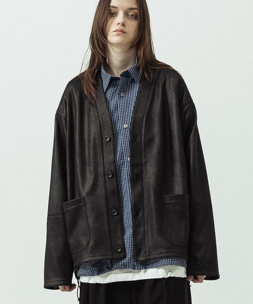 SLICK(スリック)の「【SLICK/スリック】Double Cloth Synthetic Leather Cardigan/ダブルクロス シンセティックレザーカーディガン(カーディガン/ボレロ・メンズ・ブラウン/ブラック・1/3/2)」の9枚目の写真