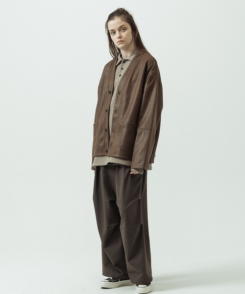 SLICK(スリック)の「【SLICK/スリック】Double Cloth Synthetic Leather Cardigan/ダブルクロス シンセティックレザーカーディガン(カーディガン/ボレロ・メンズ・ブラウン/ブラック・1/3/2)」の5枚目の写真