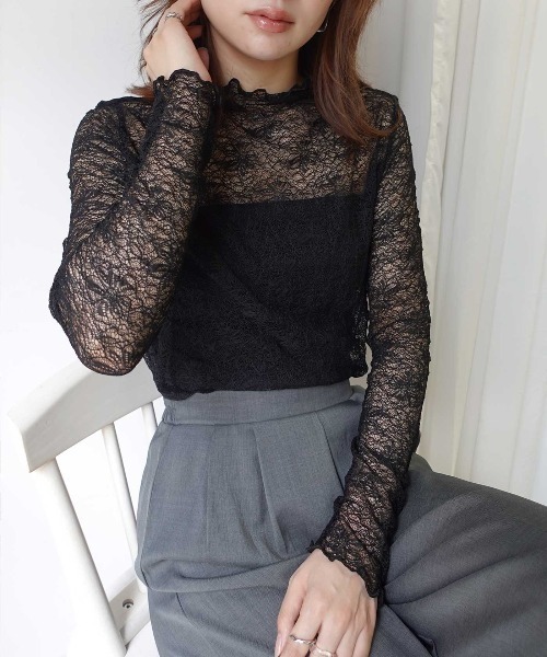 CORNERS(コーナーズ)の「レースプチハイネックトップス(Tシャツ/カットソー・レディース・ブラック/ブラウン/レッド/アイボリー・M)」の1枚目の写真