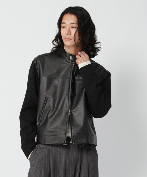 RAGEBLUE(レイジブルー)の「SLEEVE SWITCHING LEATHER RIDERS JACKET/袖切り替えレザーライダースジャケット(ライダースジャケット・メンズ・ブラック/ブラック系その他・MEDIUM/LARGE)」の9枚目の写真
