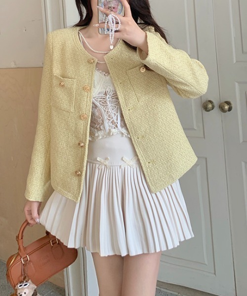 FAVORITO(ファヴォリート)の「ノーカラーツイードジャケット(ノーカラージャケット・レディース・イエロー/グリーン・F)」の18枚目の写真