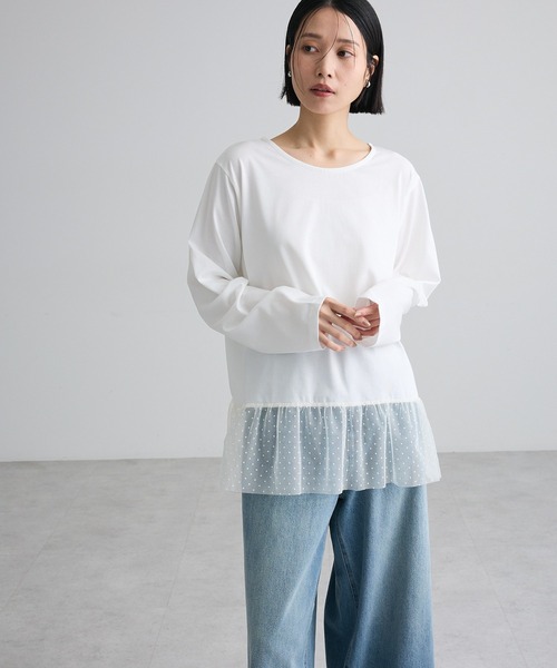 Green Parks(グリーンパークス)の「裾フレアドットチュールドッキングインナー(Tシャツ/カットソー・レディース・オフホワイト/ブラック・FREE)」の3枚目の写真
