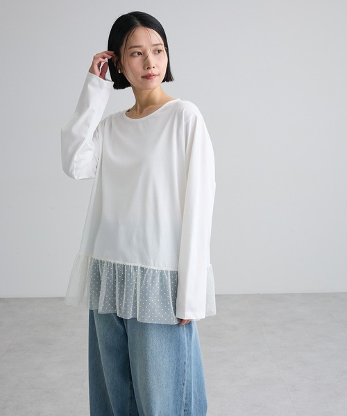 Green Parks(グリーンパークス)の「裾フレアドットチュールドッキングインナー(Tシャツ/カットソー・レディース・オフホワイト/ブラック・FREE)」の6枚目の写真