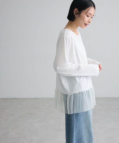 Green Parks(グリーンパークス)の「裾フレアドットチュールドッキングインナー(Tシャツ/カットソー・レディース・オフホワイト/ブラック・FREE)」の7枚目の写真