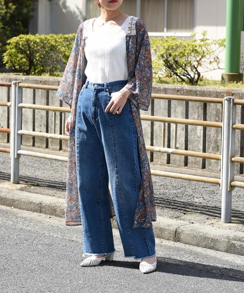 LHELBIE(レルビエ)の「バックケミカルレース×シースループリント七分袖ロングガウン(カーディガン/ボレロ・レディース・オレンジ/オフホワイト/ネイビー・M)」の3枚目の写真