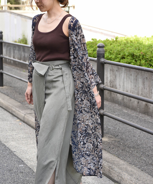 LHELBIE(レルビエ)の「バックケミカルレース×シースループリント七分袖ロングガウン(カーディガン/ボレロ・レディース・オレンジ/オフホワイト/ネイビー・M)」の12枚目の写真
