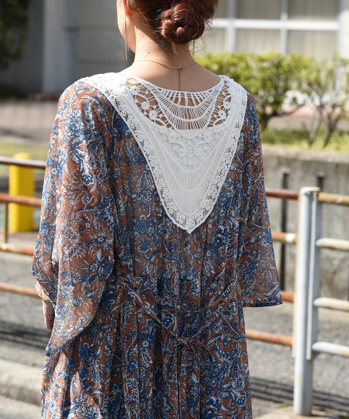 LHELBIE(レルビエ)の「バックケミカルレース×シースループリント七分袖ロングガウン(カーディガン/ボレロ・レディース・オレンジ/オフホワイト/ネイビー・M)」の19枚目の写真