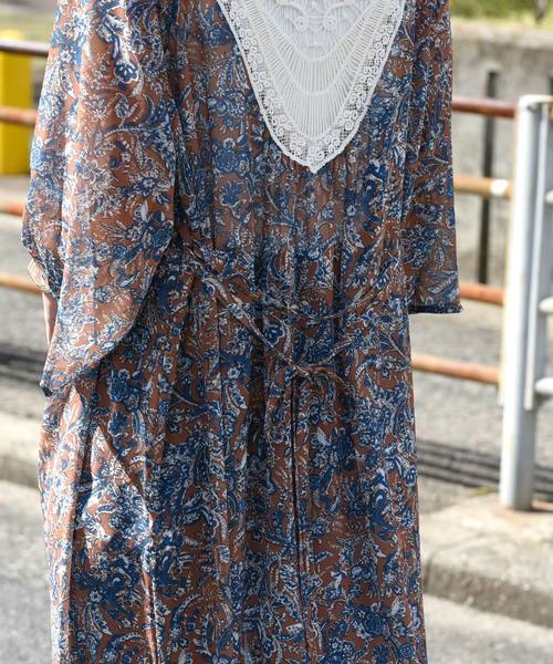 LHELBIE(レルビエ)の「バックケミカルレース×シースループリント七分袖ロングガウン(カーディガン/ボレロ・レディース・オレンジ/オフホワイト/ネイビー・M)」の20枚目の写真