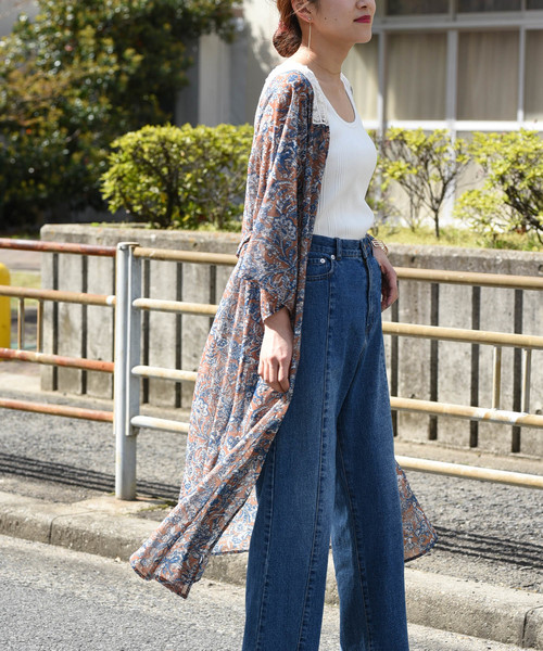 LHELBIE(レルビエ)の「バックケミカルレース×シースループリント七分袖ロングガウン(カーディガン/ボレロ・レディース・オレンジ/オフホワイト/ネイビー・M)」の21枚目の写真