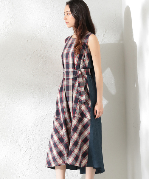 LOVELESS(ラブレス)の「【LOVELESS】WOMEN 2wayチェックリボンドレス(ワンピース)」|ネイビー