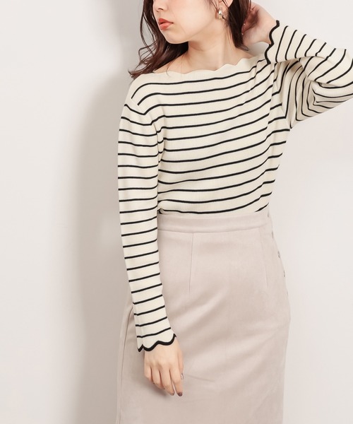 natural couture(ナチュラルクチュール)の「【WEB限定】袖口配色スカラップお上品ニット(ニット/セーター・レディース・オフホワイト/ライトベージュ/ネイビー/イエロー/その他1・FREE)」の5枚目の写真