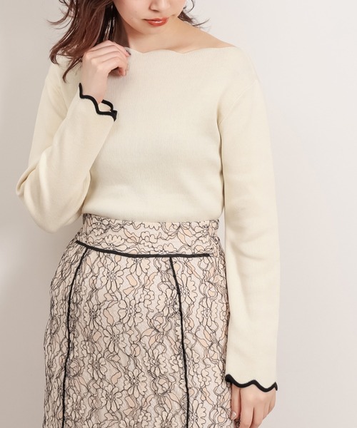 natural couture(ナチュラルクチュール)の「【WEB限定】袖口配色スカラップお上品ニット(ニット/セーター・レディース・オフホワイト/ライトベージュ/ネイビー/イエロー/その他1・FREE)」の2枚目の写真