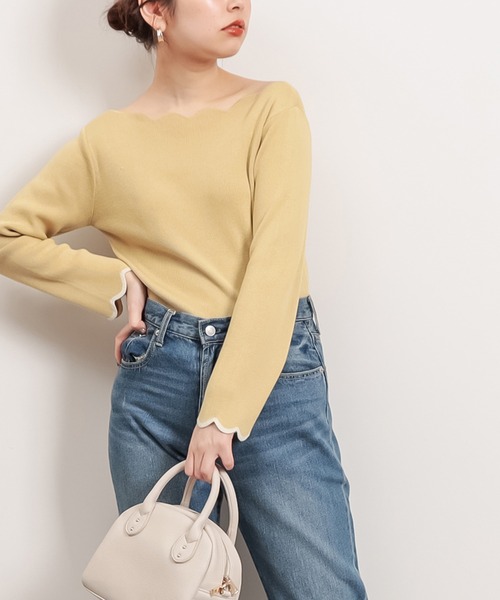 natural couture(ナチュラルクチュール)の「【WEB限定】袖口配色スカラップお上品ニット(ニット/セーター・レディース・オフホワイト/ライトベージュ/ネイビー/イエロー/その他1・FREE)」の4枚目の写真