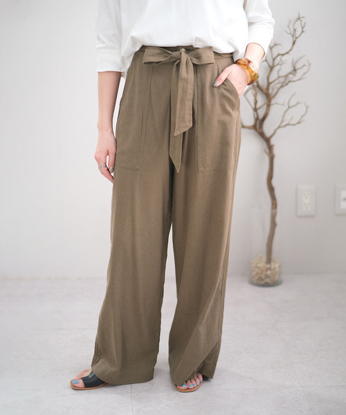 ＡＮＤＪ（アンドジェイ）の「麻混ウエストリボンベイカーストレートパンツ（その他パンツ・レディース・ミント/カーキ/ベージュ/ブラック/ベージュ系その他・M）」の4枚目の写真