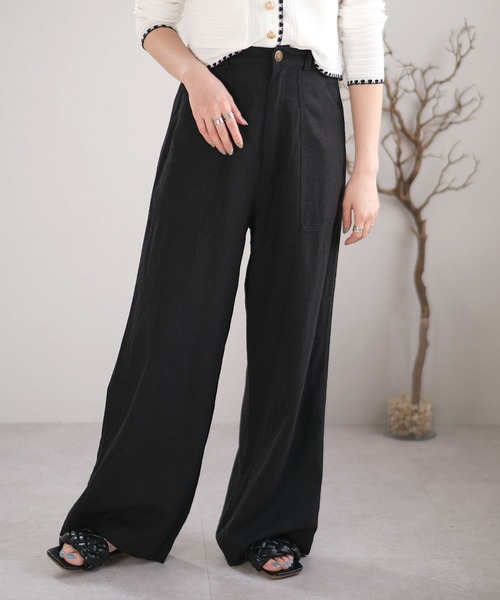 ＡＮＤＪ（アンドジェイ）の「麻混ウエストリボンベイカーストレートパンツ（その他パンツ・レディース・ミント/カーキ/ベージュ/ブラック/ベージュ系その他・M）」の2枚目の写真