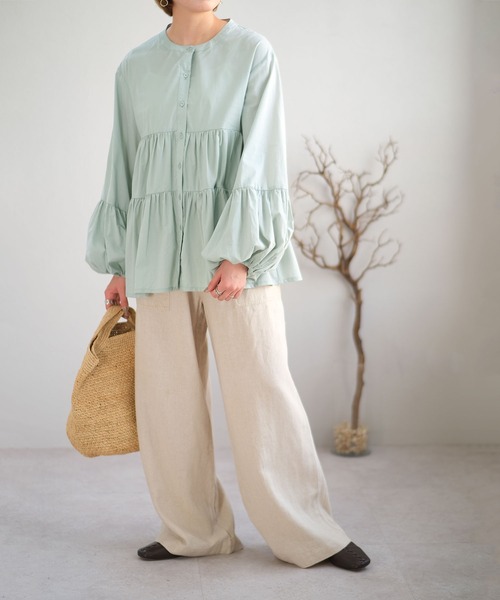 ＡＮＤＪ（アンドジェイ）の「麻混ウエストリボンベイカーストレートパンツ（その他パンツ・レディース・ミント/カーキ/ベージュ/ブラック/ベージュ系その他・M）」の9枚目の写真