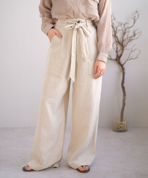 ＡＮＤＪ（アンドジェイ）の「麻混ウエストリボンベイカーストレートパンツ（その他パンツ・レディース・ミント/カーキ/ベージュ/ブラック/ベージュ系その他・M）」の7枚目の写真