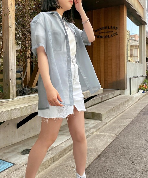 mimi toujours（ミミトゥジュール）の「シャツ シアー オーガンジー omom×mimi toujours（シャツ/ブラウス・レディース・オフホワイト/サックスブルー・M）」の3枚目の写真