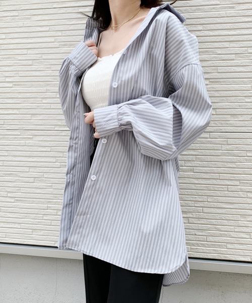 CLEA（クレア）の「オープンショルダー2WAYストライプボーイフレンドシャツ（シャツ/ブラウス・レディース・ブルー/グリーン・FREE）」の9枚目の写真