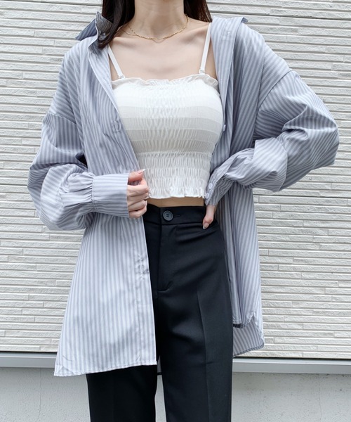 CLEA（クレア）の「オープンショルダー2WAYストライプボーイフレンドシャツ（シャツ/ブラウス・レディース・ブルー/グリーン・FREE）」の6枚目の写真