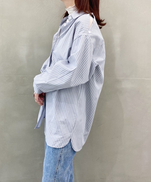 CLEA（クレア）の「オープンショルダー2WAYストライプボーイフレンドシャツ（シャツ/ブラウス・レディース・ブルー/グリーン・FREE）」の17枚目の写真