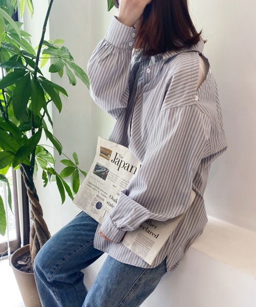 CLEA（クレア）の「オープンショルダー2WAYストライプボーイフレンドシャツ（シャツ/ブラウス・レディース・ブルー/グリーン・FREE）」の19枚目の写真